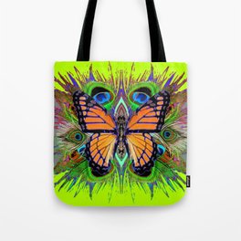 MONARCH BUTTERFLY PEACOCK GREEN FEATHERS GREY ART  Tote Bag
