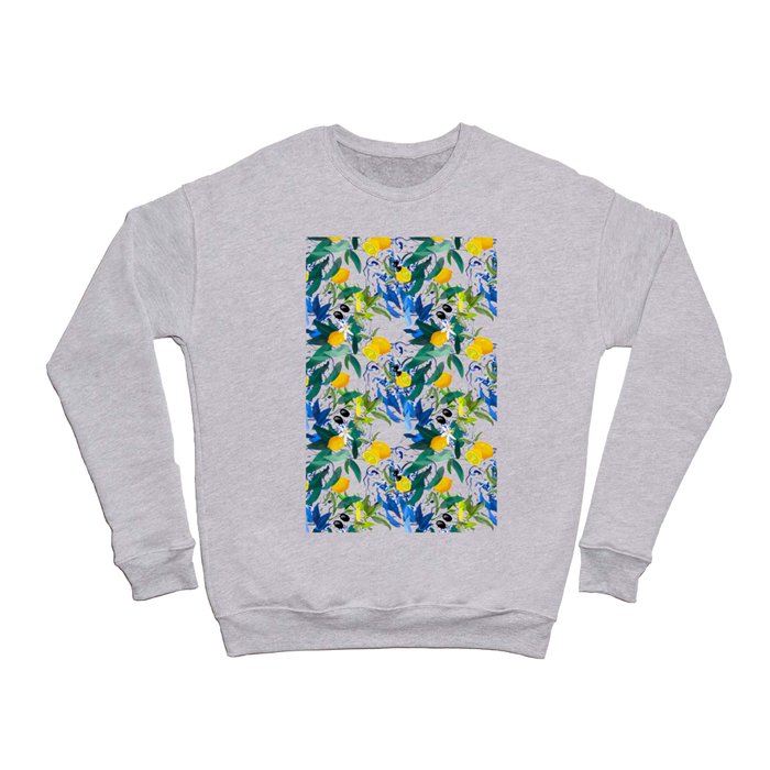 Summer,citrus,blue floral,Mediterranean style,lemon fruit,olives pattern  Crewneck Sweatshirt