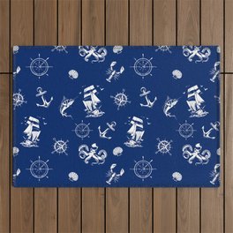 Blue And White Silhouettes Of Vintage Nautical Pattern Outdoor Rug