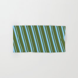 [ Thumbnail: Light Sky Blue and Dark Olive Green Colored Lined/Striped Pattern Hand & Bath Towel ]