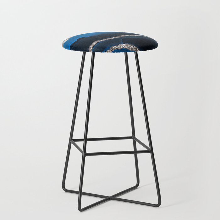 Watercolor Navy Blue And Silver Glitter Liquid Marble Abstract Pattern Bar Stool