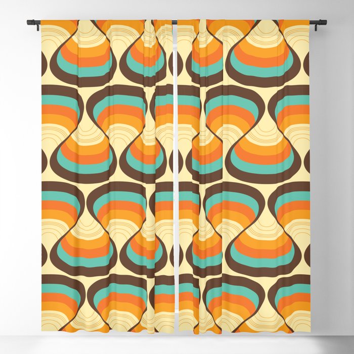 Wavy Turquoise Orange and Brown Retro Lines Blackout Curtain