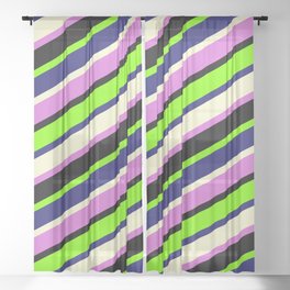 [ Thumbnail: Vibrant Chartreuse, Midnight Blue, Light Yellow, Orchid, and Black Colored Striped Pattern Sheer Curtain ]