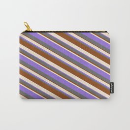 [ Thumbnail: Beige, Purple, Dim Grey, and Brown Colored Striped/Lined Pattern Carry-All Pouch ]