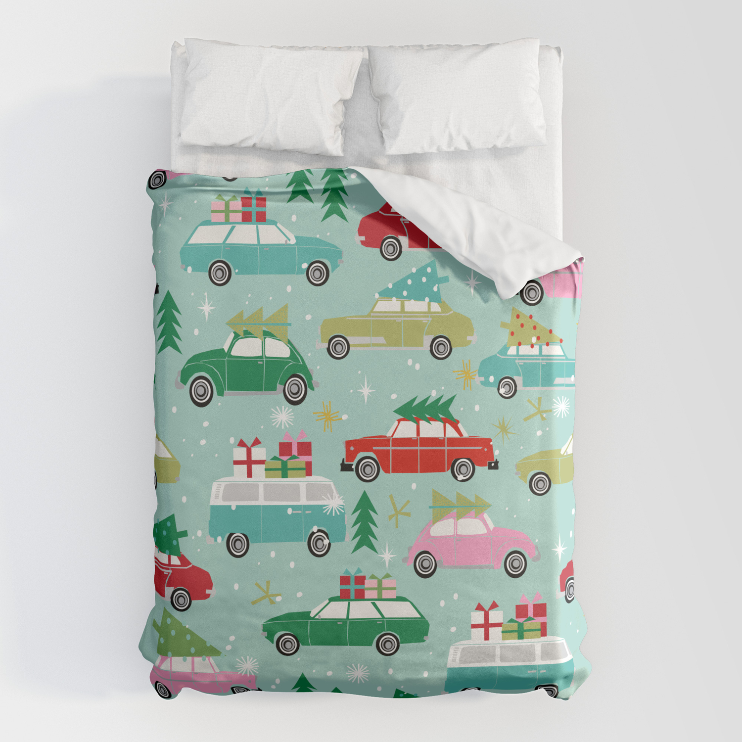Vintage Christmas Cars Festive Holiday Traditions Snow Winter Snowflakes Classic Car Pattern Duvet Cover By Charlottewinter Society6