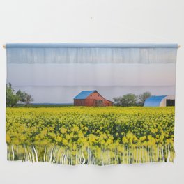 The Farm - Red Barn in Yellow Canola Field at Dusk on Spring Evening in Oklahoma Wall Hanging