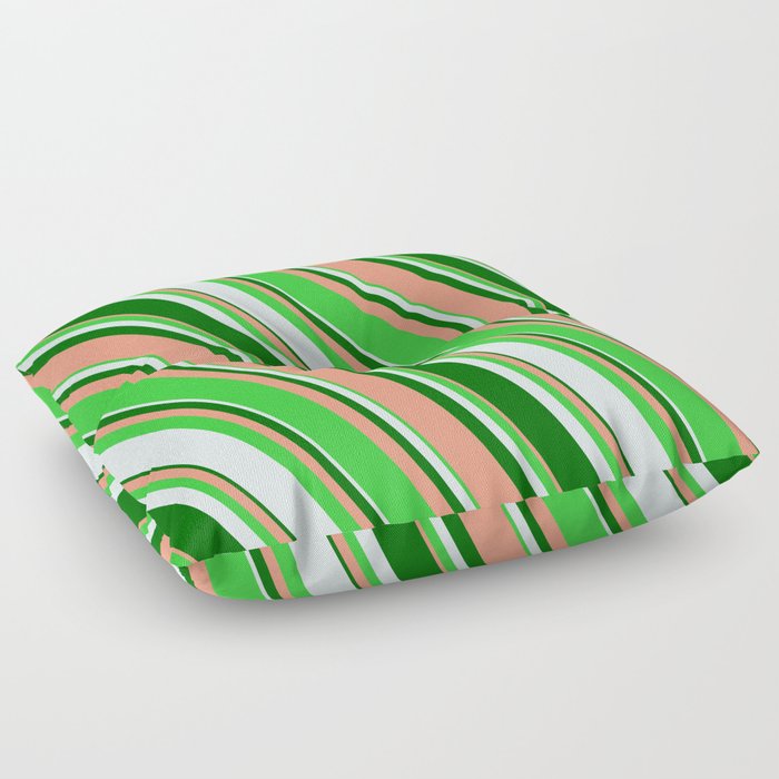 Dark Salmon, Lime Green, Light Cyan, and Dark Green Colored Stripes/Lines Pattern Floor Pillow