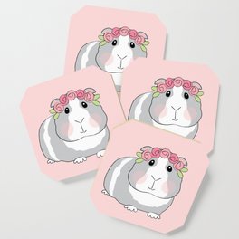 Adorable Grey Guinea Pig with Pink Rosebuds Coaster