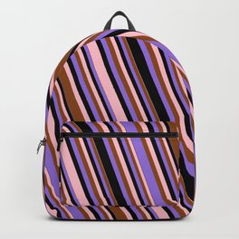 [ Thumbnail: Pink, Brown, Purple & Black Colored Lined Pattern Backpack ]
