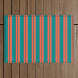 [ Thumbnail: Red and Dark Cyan Colored Lined Pattern Outdoor Rug ]