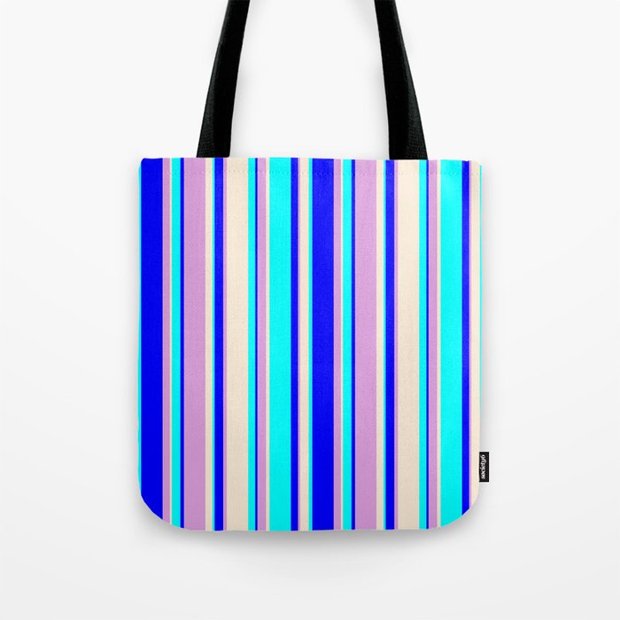 Aqua, Beige, Plum & Blue Colored Lined Pattern Tote Bag