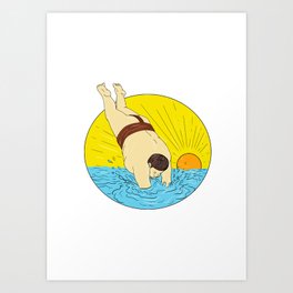 Japanese Sumo Wrestler Diving Sea Sunset Circle Drawing Art Print | Graphicdesign, Sea, Diving, Wrestler, Asian, Sumo, Sunset, Dive, Fat, Water 