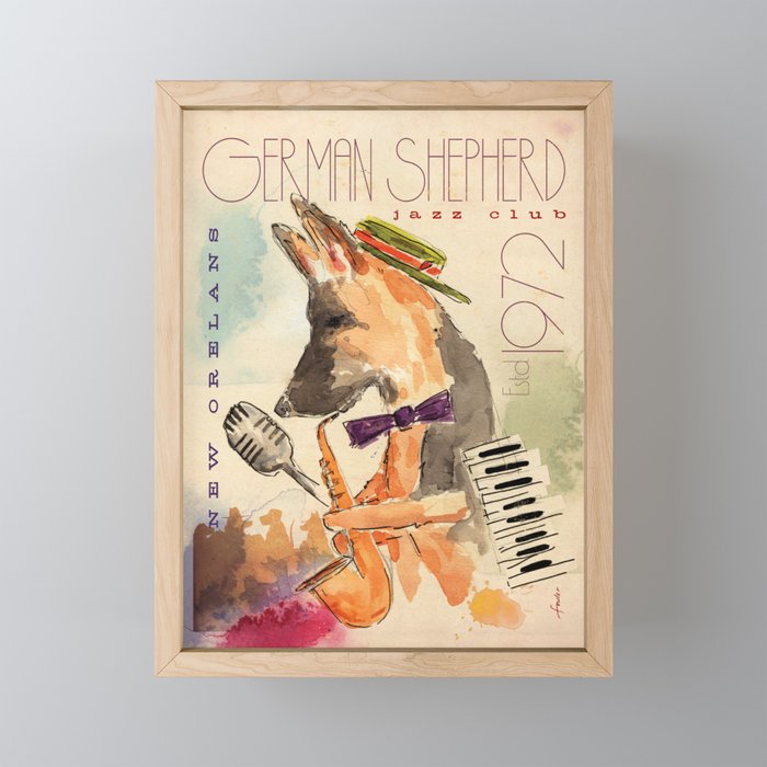 german shepherd dog gsd jazz music poster musician keyboard saxophone art artwork Framed Mini Art Print