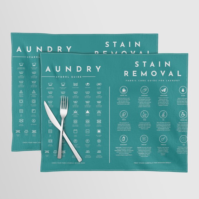 Laundry Sign Symbols Guide with Stain Removal Teal Placemat