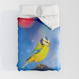 Blue Tit with Blue Bokeh Background Duvet Cover