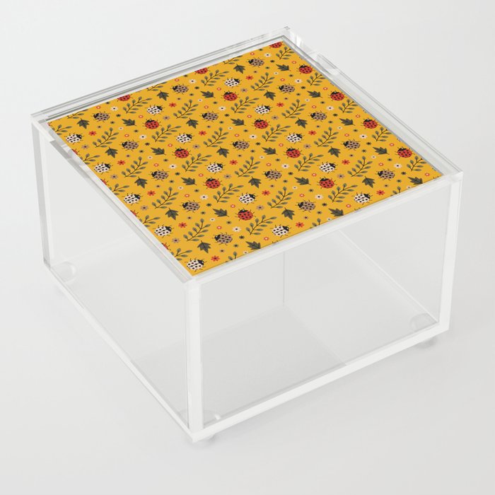 Ladybug and Floral Seamless Pattern on Mustard Background Acrylic Box