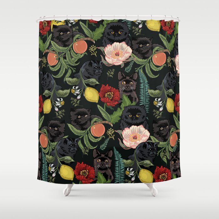 Botanical and Black Cats Shower Curtain
