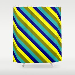 [ Thumbnail: Yellow, Green, Light Sea Green, and Blue Colored Striped Pattern Shower Curtain ]