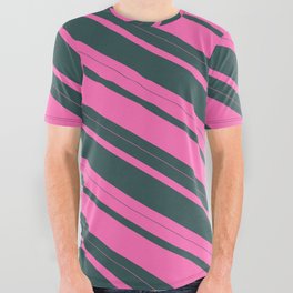 [ Thumbnail: Hot Pink and Dark Slate Gray Colored Lined Pattern All Over Graphic Tee ]
