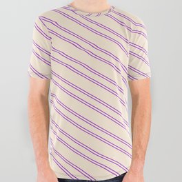 [ Thumbnail: Beige and Dark Orchid Colored Striped Pattern All Over Graphic Tee ]