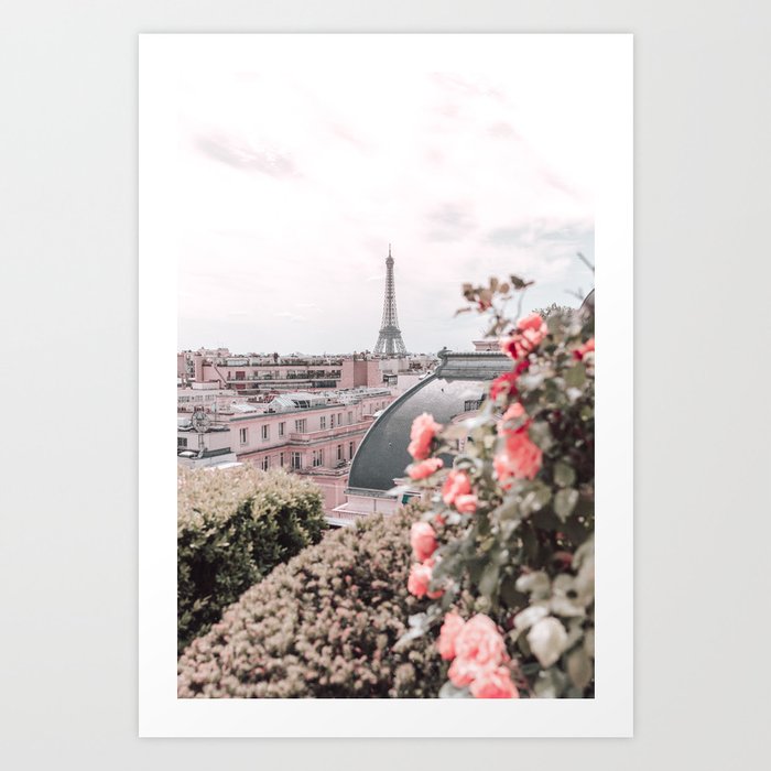 Paris France Eiffel Tower Pink Flowers Photography Art Print