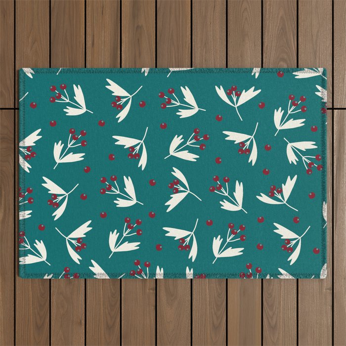 Red Berries on Turquoise Pattern Background Outdoor Rug