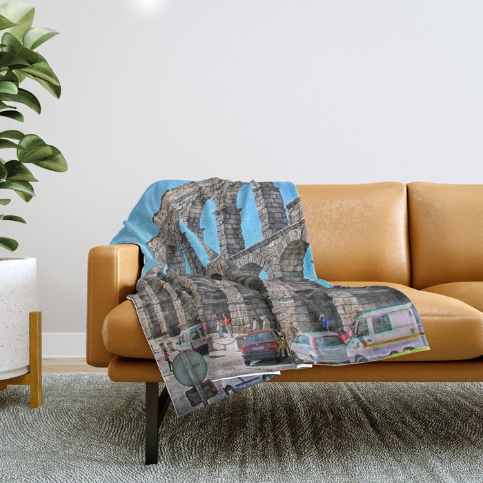 Spain Photography - Aqueduct Of Segovia Under The Blue Sky Throw Blanket