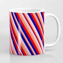 [ Thumbnail: Pink, Coral, Red, and Dark Blue Colored Pattern of Stripes Coffee Mug ]