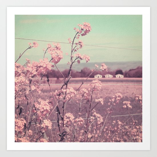 Sweet Spring (Teal Sky, Soft Pink Wildflowers, Rural Cottage) Art Print
