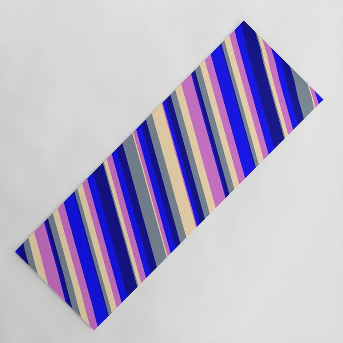 Light Slate Gray, Beige, Orchid, Blue & Dark Blue Colored Striped Pattern Yoga Mat