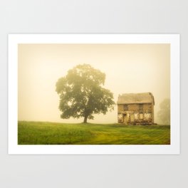Abandoned House in Foggy Field Rustic Landscape Photograph Art Print