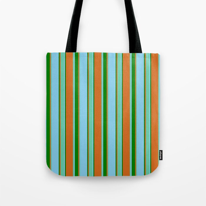 Chocolate, Aquamarine, Sky Blue & Green Colored Stripes Pattern Tote Bag
