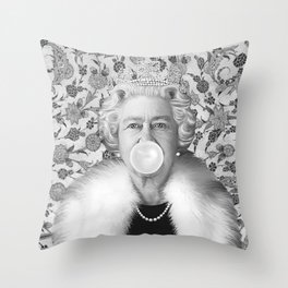 Queen Elizabeth Fur Stole Blowing White Bubble gum Throw Pillow