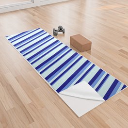 [ Thumbnail: Cornflower Blue, Blue & Light Cyan Colored Stripes/Lines Pattern Yoga Towel ]