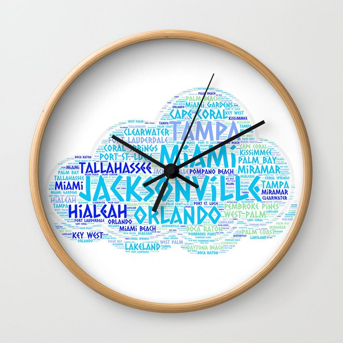 Cloud illustrated with cities of Florida State USA Wall Clock
