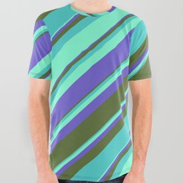 [ Thumbnail: Aquamarine, Slate Blue, Dark Olive Green, and Turquoise Colored Lines Pattern All Over Graphic Tee ]