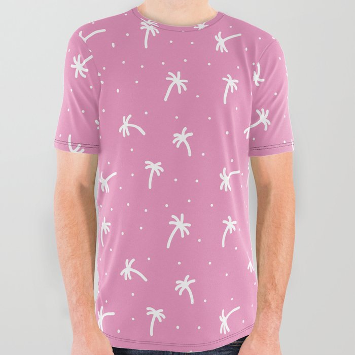 Hot Pink And White Doodle Palm Tree Pattern All Over Graphic Tee