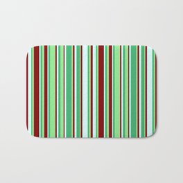 [ Thumbnail: Sea Green, Light Green, Maroon, and Light Cyan Colored Striped Pattern Bath Mat ]