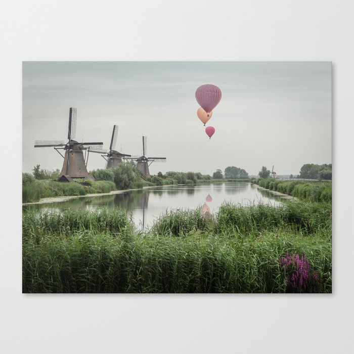 Three Windmills and Hot Air Balloons | Kinderdijk Netherlands Canvas Print