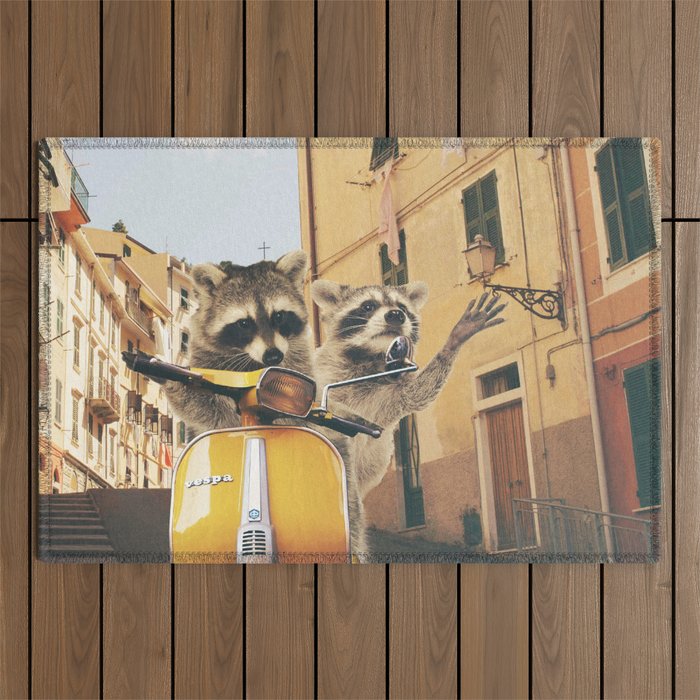 Raccoons on the road trip Outdoor Rug