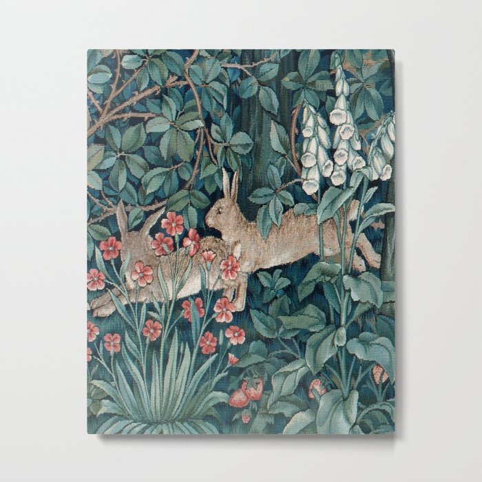 William Morris Forest Rabbits and Foxglove Greenery Metal Print