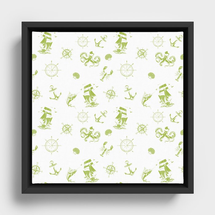 Light Green Silhouettes Of Vintage Nautical Pattern Framed Canvas