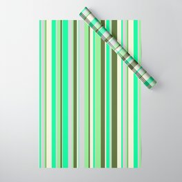 [ Thumbnail: Vibrant Green, Light Grey, Light Green, Dark Olive Green, and Beige Colored Stripes/Lines Pattern Wrapping Paper ]
