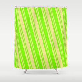 [ Thumbnail: Tan & Green Colored Lines Pattern Shower Curtain ]