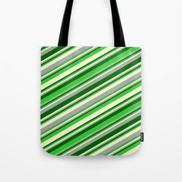 [ Thumbnail: Dark Gray, Dark Green, Lime Green & Light Yellow Colored Stripes/Lines Pattern Tote Bag ]
