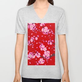 Cherry Blossom Japanese Flowers Red Background Seamless Pattern V Neck T Shirt