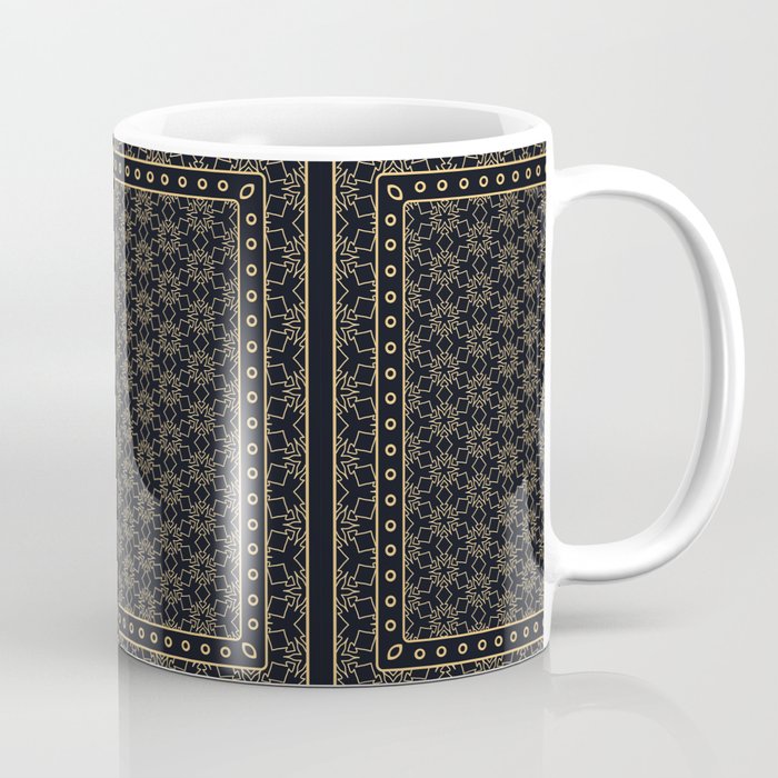 Black and gold abstract graphic pattern. Geometric ornament with frame, border. Line art, lace, embroidery background. Bandanna, shawl, scarf, tablecloth design Coffee Mug