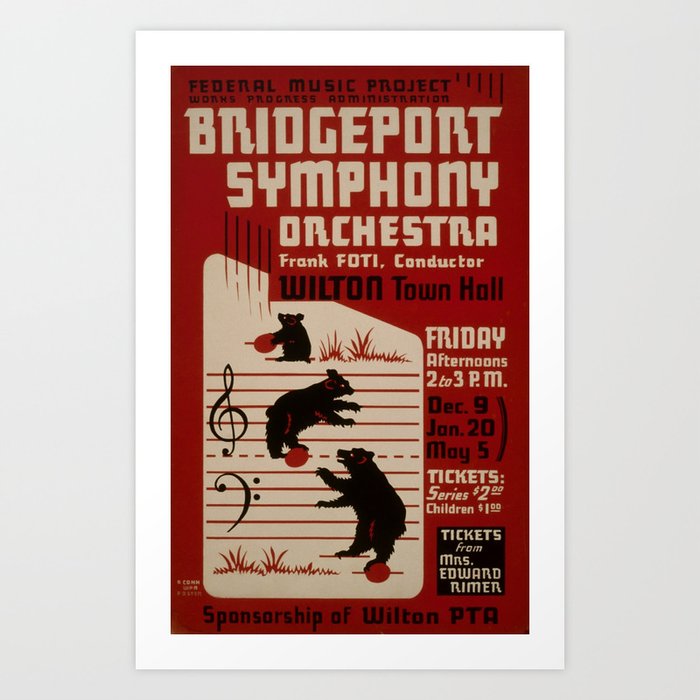 Federal Music Project Bridgeport - Retro Vintage Music Symphony Bears Art Print