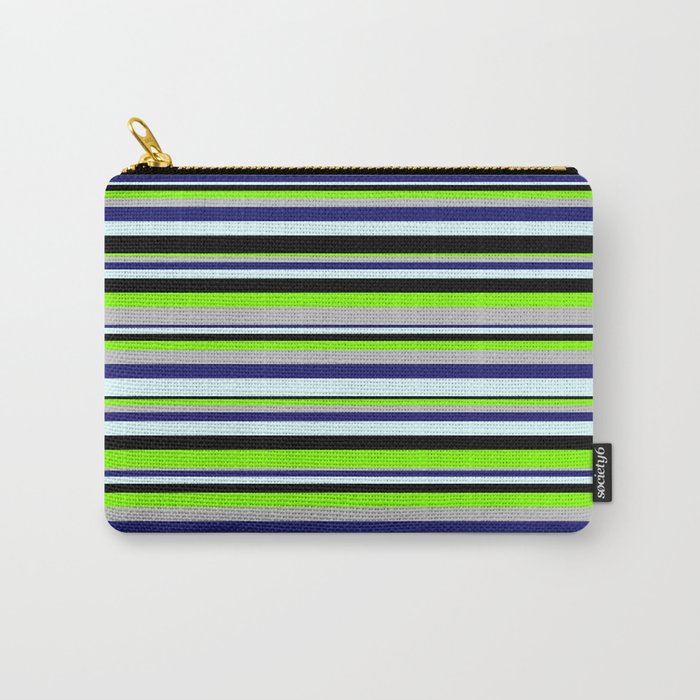 Vibrant Chartreuse, Grey, Midnight Blue, Light Cyan & Black Colored Lined/Striped Pattern Carry-All Pouch