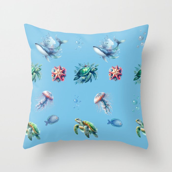 Colorful Cute Sea Life On Blue Throw Pillow